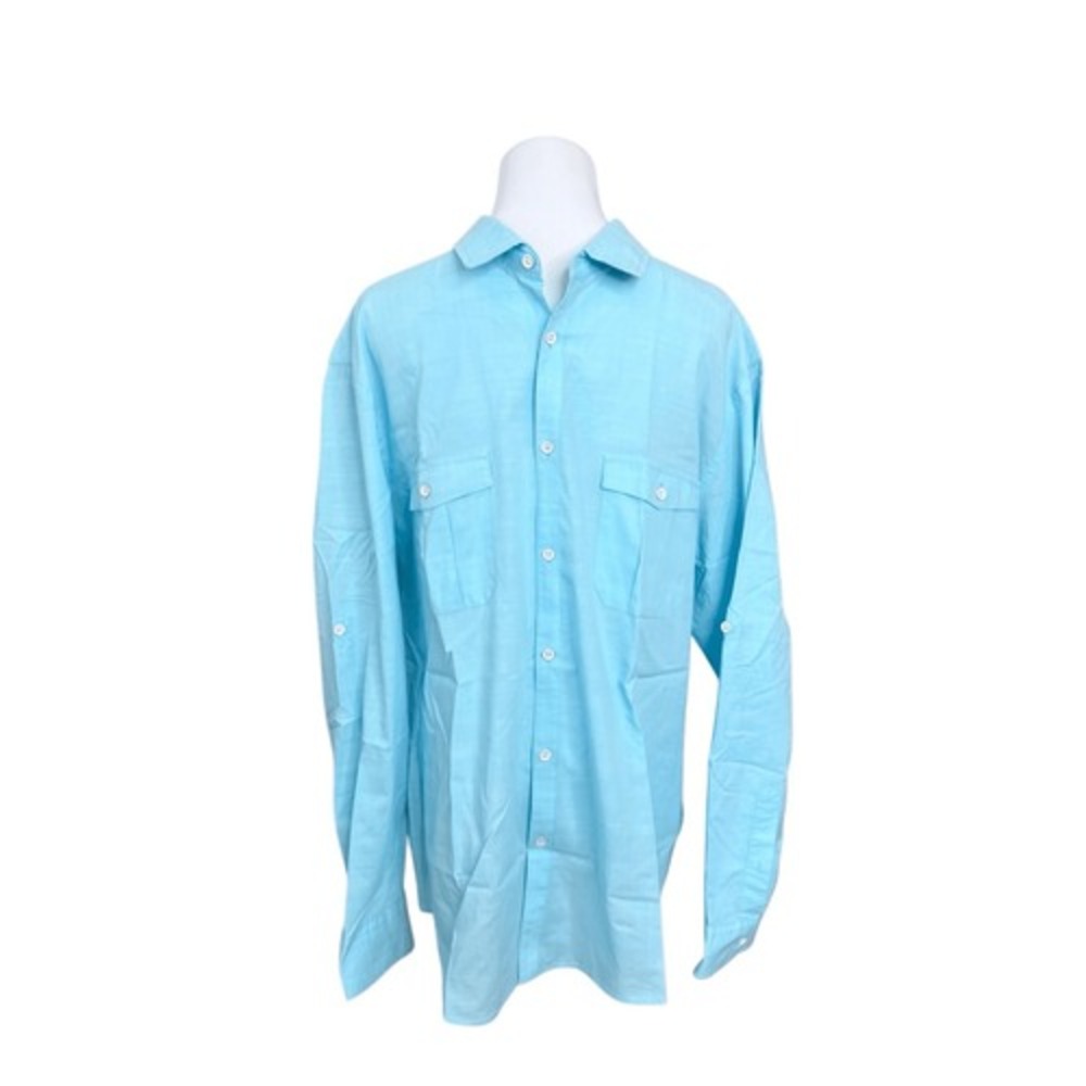 Alfani Spread Collar Tab Sleeve Metal Buttons LS Shirt Blue Cotton Shantung XL‎